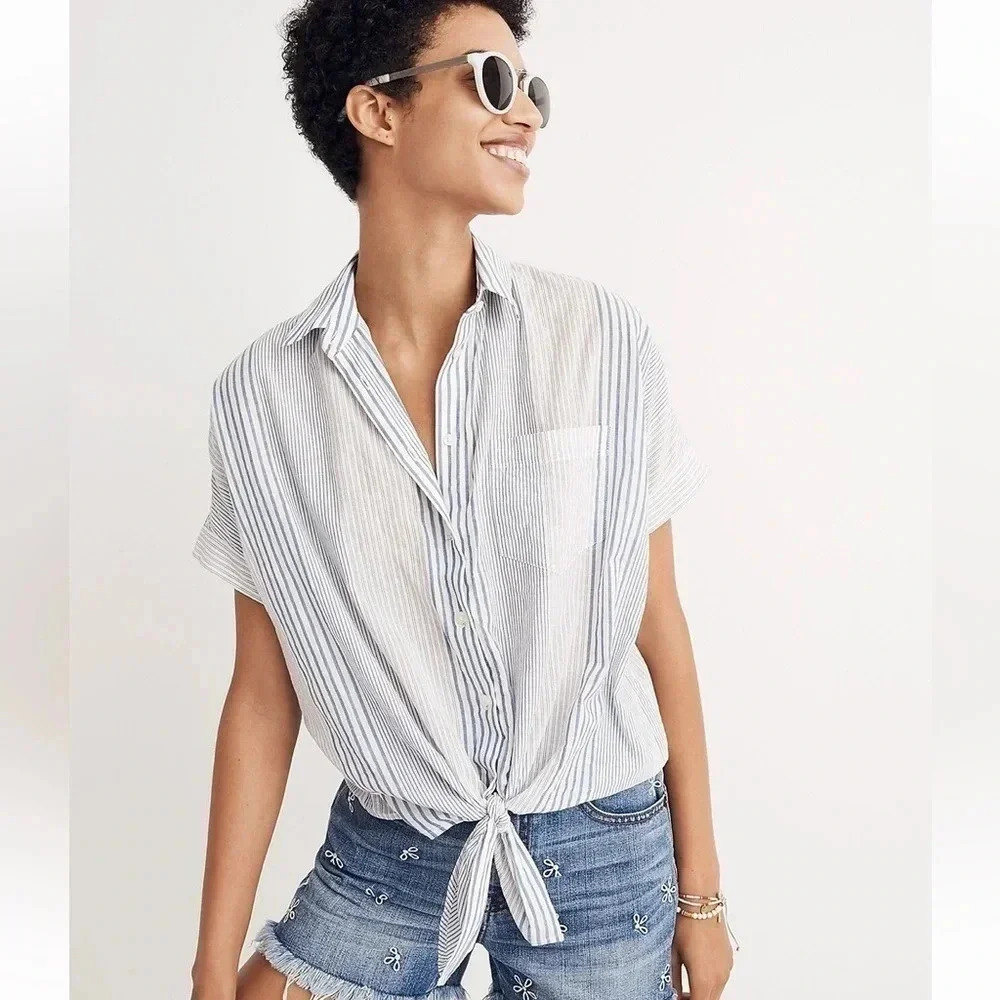 Madewell Short-Sleeve Tie-Front Shirt in Rawley Stripe Size Medium